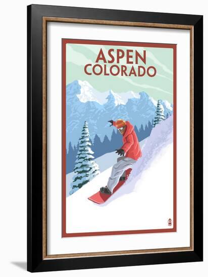 Downhill Snowboarder - Aspen, Colorado-Lantern Press-Framed Art Print