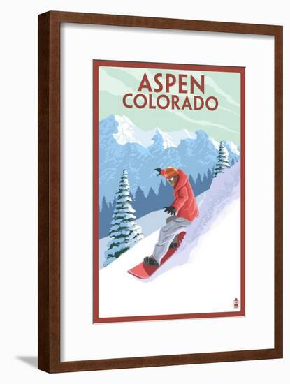 Downhill Snowboarder - Aspen, Colorado-Lantern Press-Framed Art Print