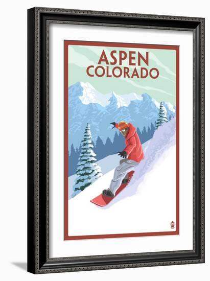 Downhill Snowboarder - Aspen, Colorado-Lantern Press-Framed Art Print