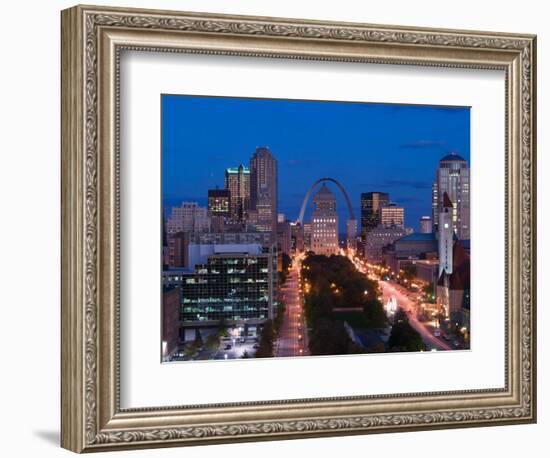 Downtown and Gateway Arch at Night, St. Louis, Missouri, USA-Walter Bibikow-Framed Photographic Print