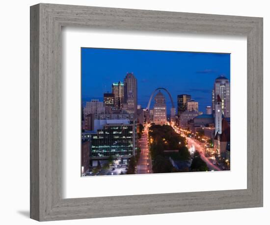 Downtown and Gateway Arch at Night, St. Louis, Missouri, USA-Walter Bibikow-Framed Photographic Print