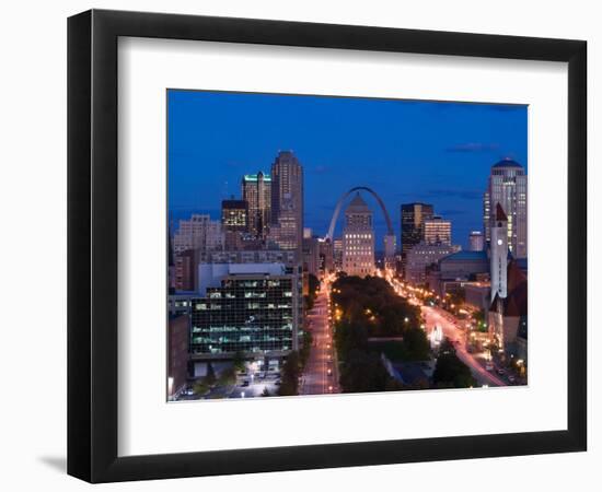 Downtown and Gateway Arch at Night, St. Louis, Missouri, USA-Walter Bibikow-Framed Photographic Print