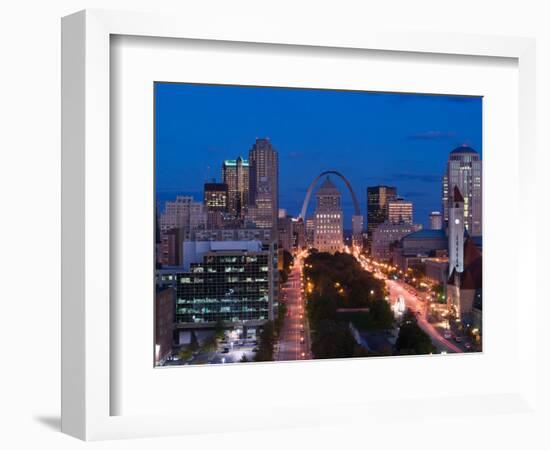 Downtown and Gateway Arch at Night, St. Louis, Missouri, USA-Walter Bibikow-Framed Photographic Print