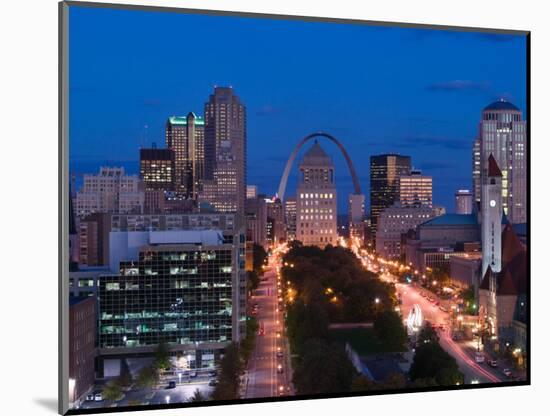 Downtown and Gateway Arch at Night, St. Louis, Missouri, USA-Walter Bibikow-Mounted Photographic Print