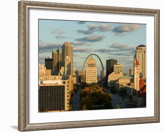 Downtown and Gateway Arch at Sunset, St. Louis, Missouri, USA-Walter Bibikow-Framed Photographic Print