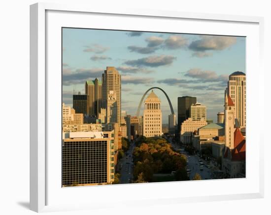 Downtown and Gateway Arch at Sunset, St. Louis, Missouri, USA-Walter Bibikow-Framed Photographic Print