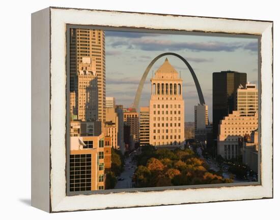 Downtown and Gateway Arch from the West at Sunset, St. Louis, Missouri, USA-Walter Bibikow-Framed Premier Image Canvas