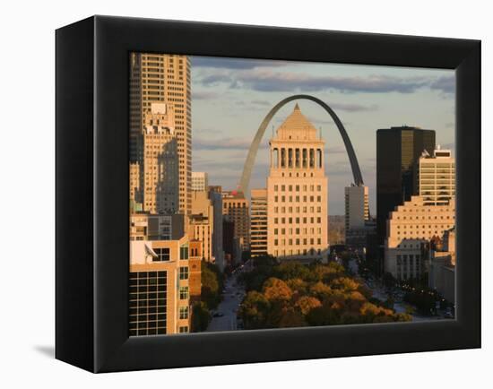 Downtown and Gateway Arch from the West at Sunset, St. Louis, Missouri, USA-Walter Bibikow-Framed Premier Image Canvas