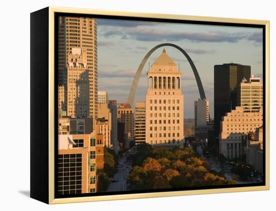 Downtown and Gateway Arch from the West at Sunset, St. Louis, Missouri, USA-Walter Bibikow-Framed Premier Image Canvas