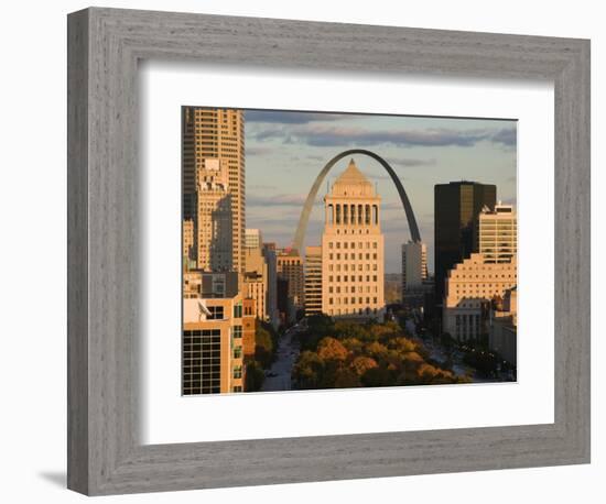 Downtown and Gateway Arch from the West at Sunset, St. Louis, Missouri, USA-Walter Bibikow-Framed Photographic Print