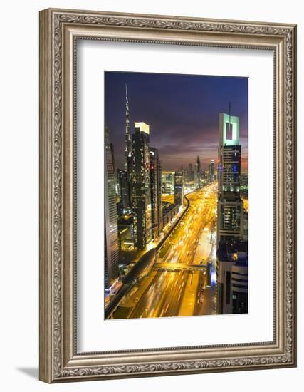 Downtown and Sheikh Zayed Road Looking Towards the Burj Kalifa, Dubai, United Arab Emirates-Peter Adams-Framed Photographic Print