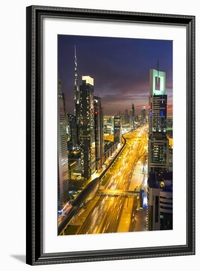 Downtown and Sheikh Zayed Road Looking Towards the Burj Kalifa, Dubai, United Arab Emirates-Peter Adams-Framed Photographic Print