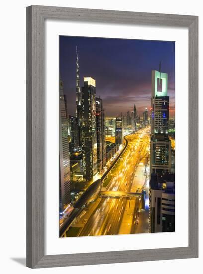 Downtown and Sheikh Zayed Road Looking Towards the Burj Kalifa, Dubai, United Arab Emirates-Peter Adams-Framed Photographic Print