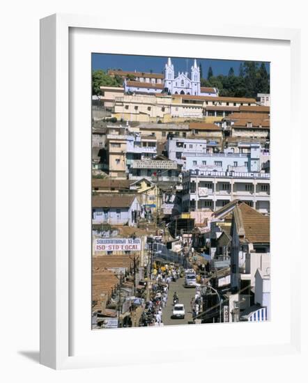 Downtown Area Overlooked by Large Christian Church in Hill Station of Coonor, Tamil Nadu, India-Tony Waltham-Framed Photographic Print