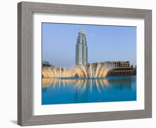 Downtown District With the Dubai Fountain, Address Building and Palace Hotel, Dubai, Uae-Amanda Hall-Framed Photographic Print