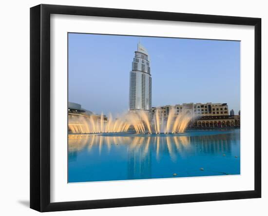 Downtown District With the Dubai Fountain, Address Building and Palace Hotel, Dubai, Uae-Amanda Hall-Framed Photographic Print