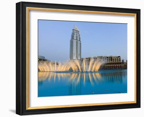 Downtown District With the Dubai Fountain, Address Building and Palace Hotel, Dubai, Uae-Amanda Hall-Framed Photographic Print