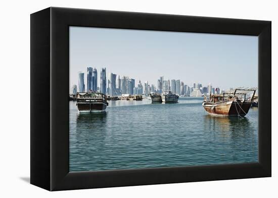 Downtown Doha with its Impressive Skyline of Skyscrapers and Authentic Dhows in the Bay-Matt-Framed Premier Image Canvas