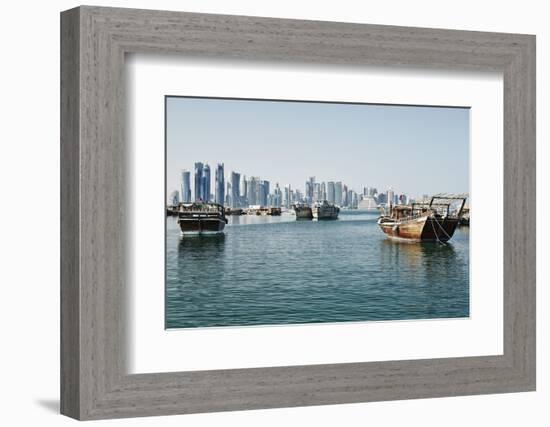 Downtown Doha with its Impressive Skyline of Skyscrapers and Authentic Dhows in the Bay-Matt-Framed Photographic Print