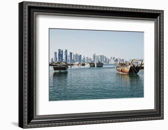 Downtown Doha with its Impressive Skyline of Skyscrapers and Authentic Dhows in the Bay-Matt-Framed Photographic Print