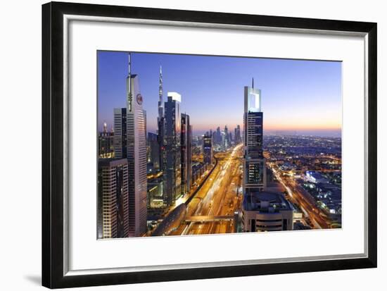 Downtown Dubai, Panorama, Skyline, Evening Mood at the Persian Gulf, Traffic-Axel Schmies-Framed Photographic Print