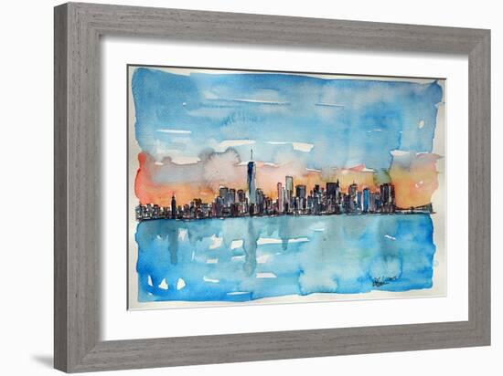 Downtown Manhattan Skyline At Dusk In Watercolor-Markus Bleichner-Framed Art Print