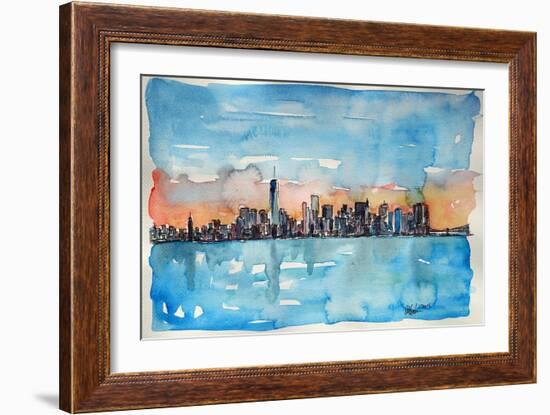 Downtown Manhattan Skyline At Dusk In Watercolor-Markus Bleichner-Framed Art Print