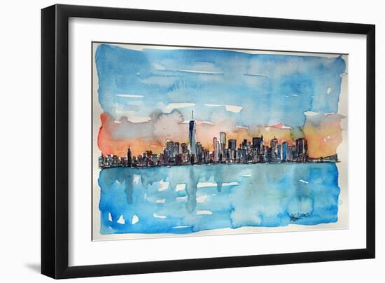 Downtown Manhattan Skyline At Dusk In Watercolor-Markus Bleichner-Framed Art Print