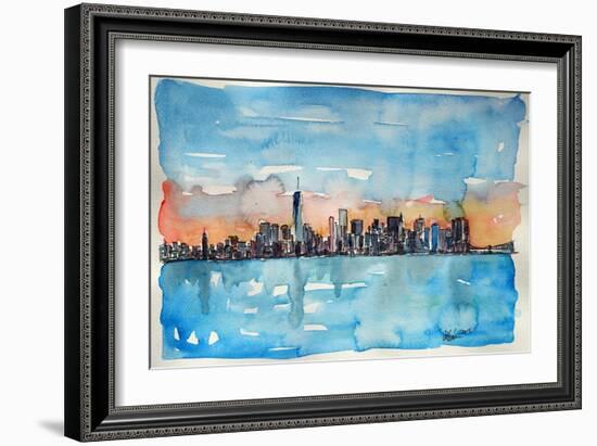 Downtown Manhattan Skyline At Dusk In Watercolor-Markus Bleichner-Framed Art Print