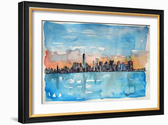 Downtown Manhattan Skyline At Dusk In Watercolor-Markus Bleichner-Framed Art Print