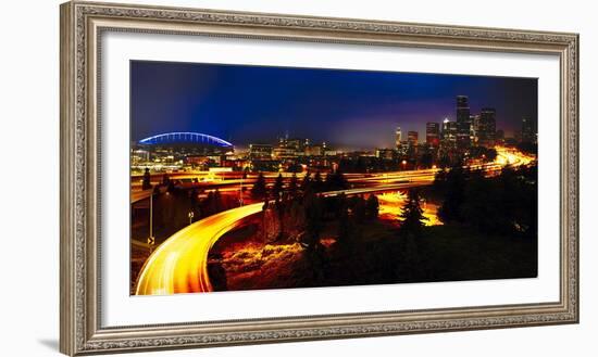 Downtown Seattle At Night with Freeways Passing Through-George Oze-Framed Photographic Print