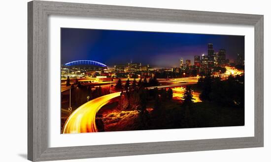 Downtown Seattle At Night with Freeways Passing Through-George Oze-Framed Photographic Print