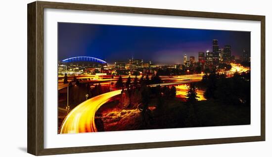 Downtown Seattle At Night with Freeways Passing Through-George Oze-Framed Photographic Print