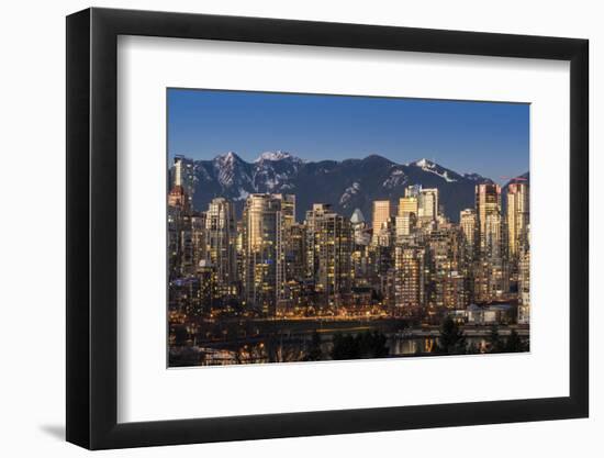 Downtown skyline with snowy mountains behind at dusk, Vancouver, British Columbia, Canada-Stefano Politi Markovina-Framed Photographic Print