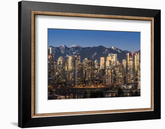 Downtown skyline with snowy mountains behind at dusk, Vancouver, British Columbia, Canada-Stefano Politi Markovina-Framed Photographic Print