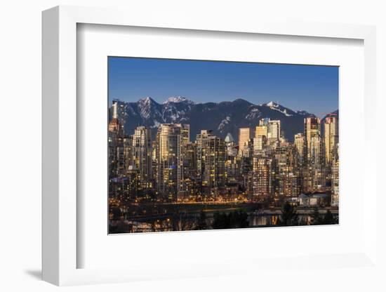 Downtown skyline with snowy mountains behind at dusk, Vancouver, British Columbia, Canada-Stefano Politi Markovina-Framed Photographic Print