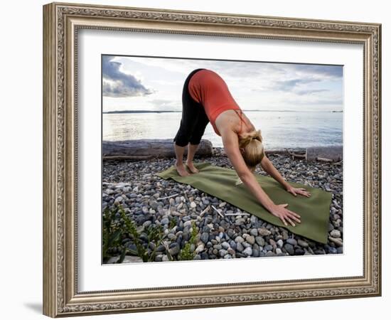 Downward Dog Yoga Pose on the Beach of Lincoln Park - West Seattle, Washington-Dan Holz-Framed Photographic Print