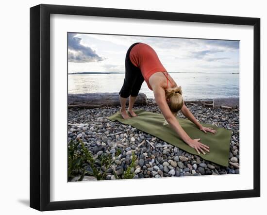 Downward Dog Yoga Pose on the Beach of Lincoln Park - West Seattle, Washington-Dan Holz-Framed Photographic Print