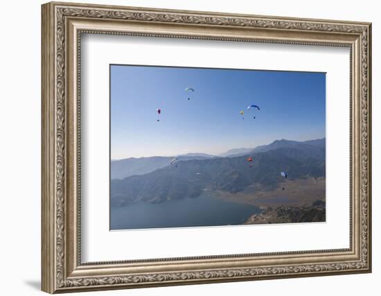 Dozens of Paragliders Enjoy Amazing Views of the Himalayas Above Phewa Lake, Nepal, Asia-Alex Treadway-Framed Photographic Print