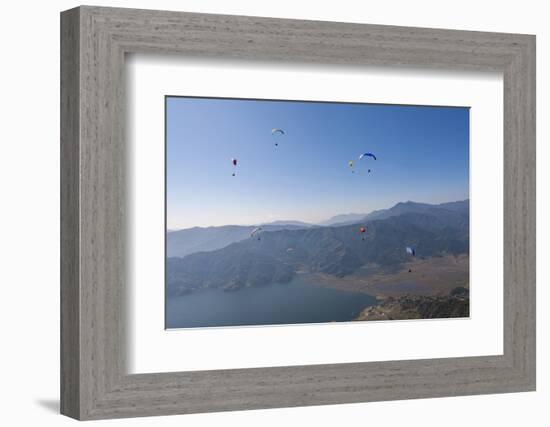 Dozens of Paragliders Enjoy Amazing Views of the Himalayas Above Phewa Lake, Nepal, Asia-Alex Treadway-Framed Photographic Print