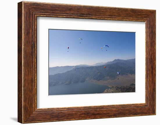 Dozens of Paragliders Enjoy Amazing Views of the Himalayas Above Phewa Lake, Nepal, Asia-Alex Treadway-Framed Photographic Print