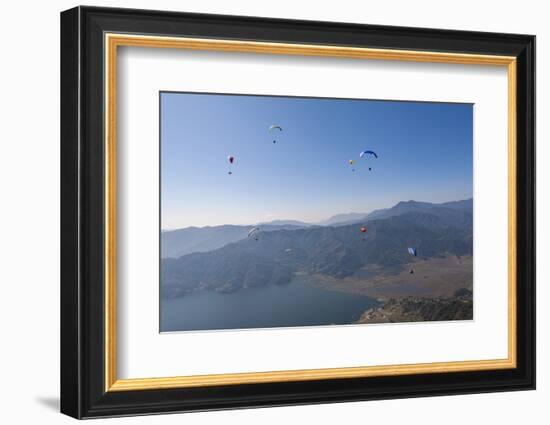 Dozens of Paragliders Enjoy Amazing Views of the Himalayas Above Phewa Lake, Nepal, Asia-Alex Treadway-Framed Photographic Print