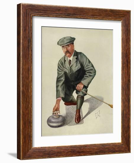 Dr H. S. Lunn a Noted Curling Player Crouches Down to Take His Shot-null-Framed Art Print