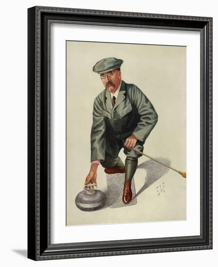 Dr H. S. Lunn a Noted Curling Player Crouches Down to Take His Shot-null-Framed Art Print