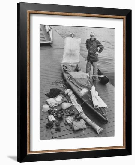 Dr. Hannes Lindemann Standing Next to the Folding Boat He Crossed the Atlantic Ocean In-Peter Stackpole-Framed Photographic Print