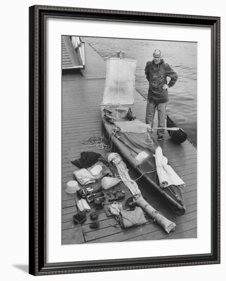 Dr. Hannes Lindemann Standing Next to the Folding Boat He Crossed the Atlantic Ocean In-Peter Stackpole-Framed Photographic Print