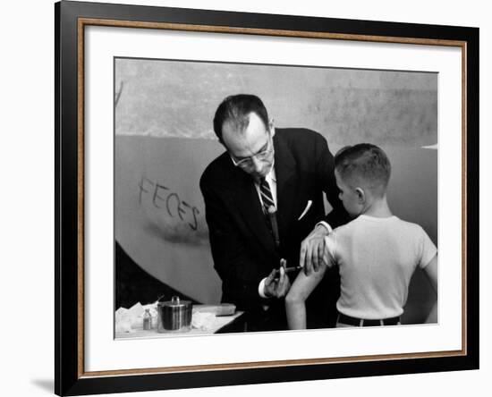 Dr. Jonas Salk Inoculating a Young Boy W. His New Polio Vaccine-null-Framed Premium Photographic Print