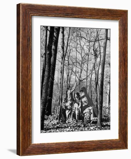 Dr. Liane Russell Camping with Husband Bill and Children in Woods Near their Home-Margaret Bourke-White-Framed Photographic Print