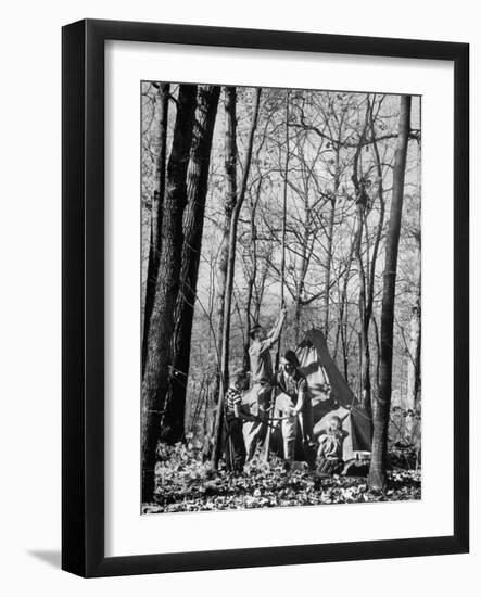 Dr. Liane Russell Camping with Husband Bill and Children in Woods Near their Home-Margaret Bourke-White-Framed Photographic Print