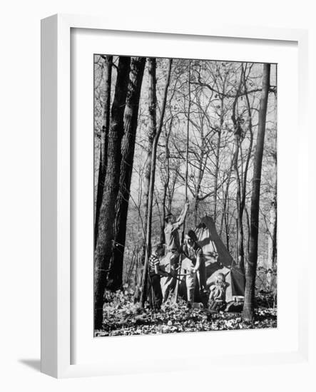 Dr. Liane Russell Camping with Husband Bill and Children in Woods Near their Home-Margaret Bourke-White-Framed Photographic Print
